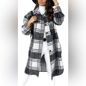 Women's Medium Long Flannel Plaid Shacket Cozy Lapel Button Down Black- NWT